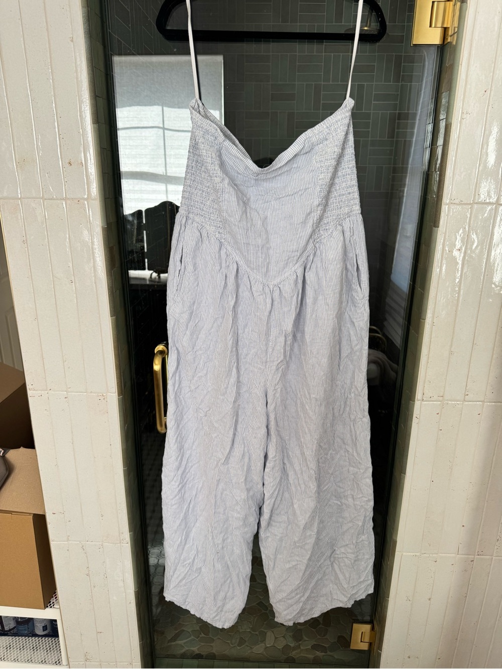 aerie Light Blue Striped Wide-Leg Jumpsuit with Smocked Top